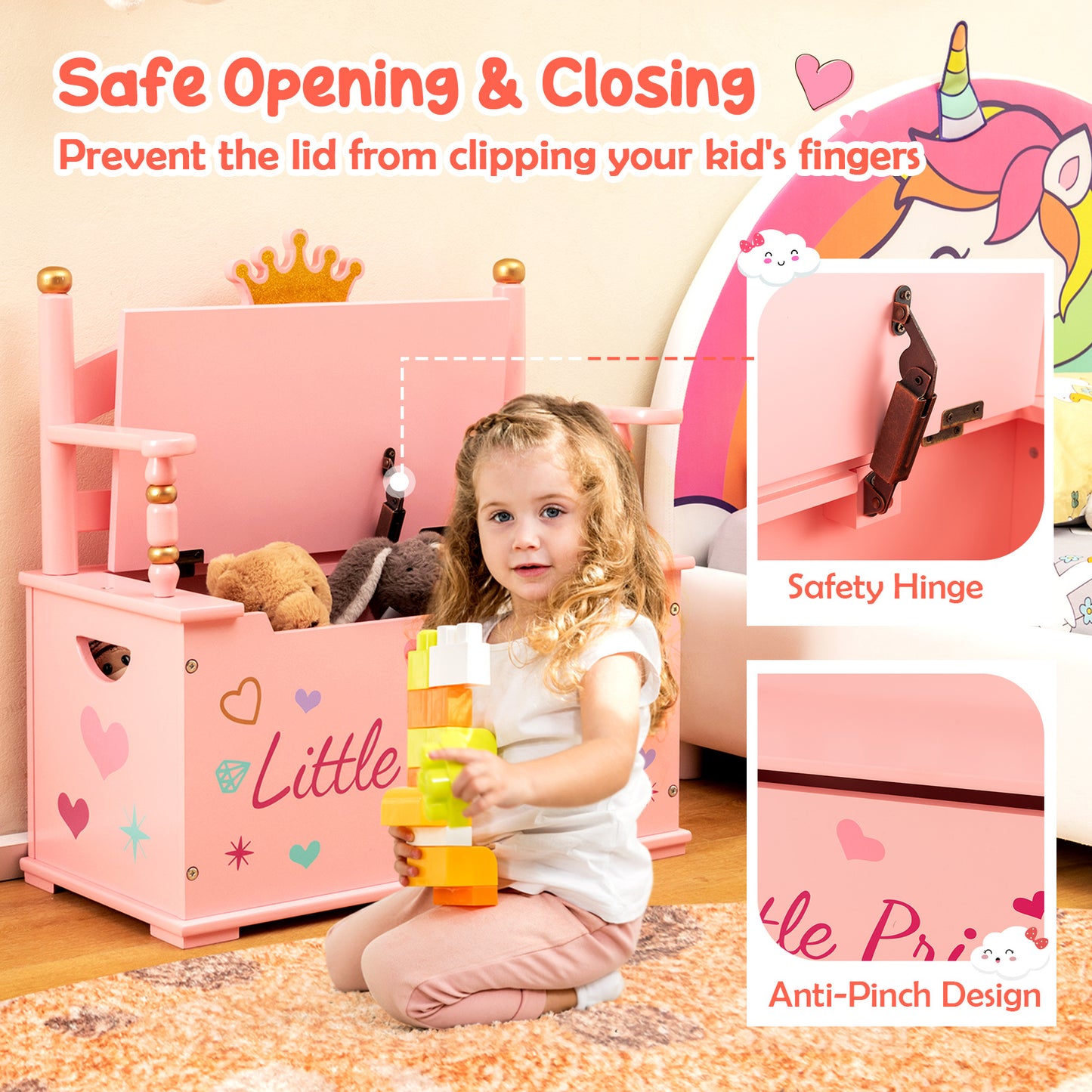 Costway 2-In-1 Kids Toy Storage Bench With Safety Hinge