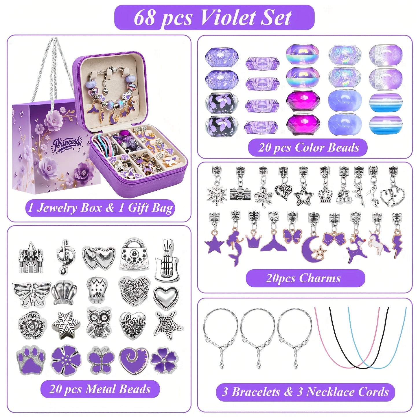 68 Piece Violet Beaded Bracelet Making Kit With Purple Jewelry Box And Gift Bag For Jewelry Crafts Keychains, Earrings