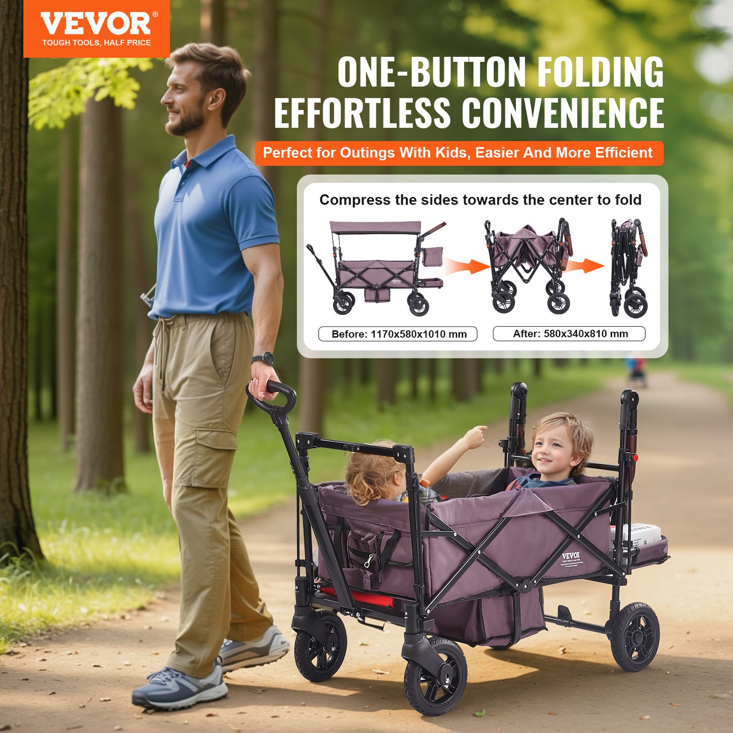 VEVOR Tandem Stroller For 2 Kids Adjustable Handle Canopy