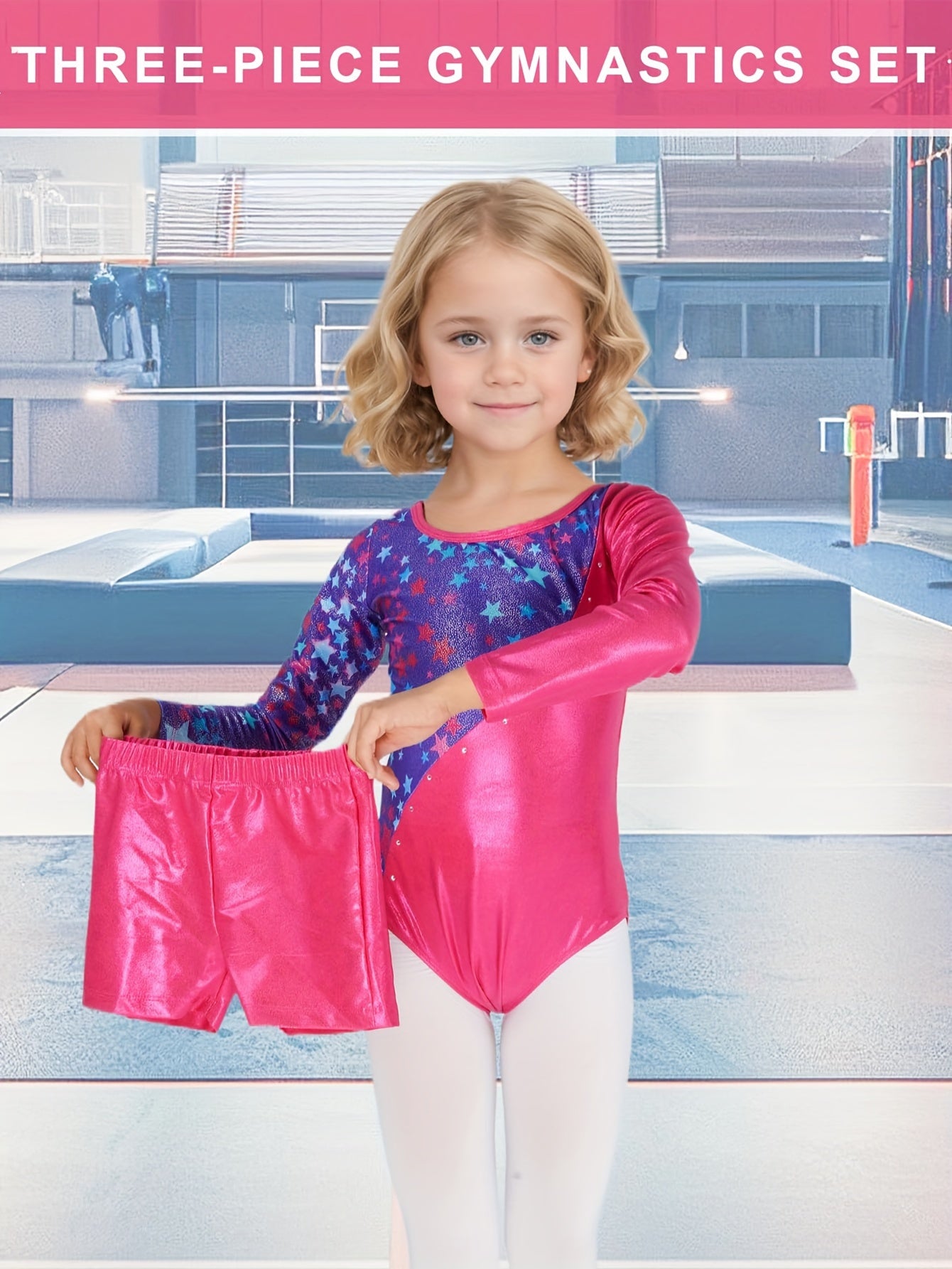 Girls Gymnastics Leotard, 3-12 Years Long Sleeve Glitter Dance Leotard with Shorts Ballet Tumbling Set