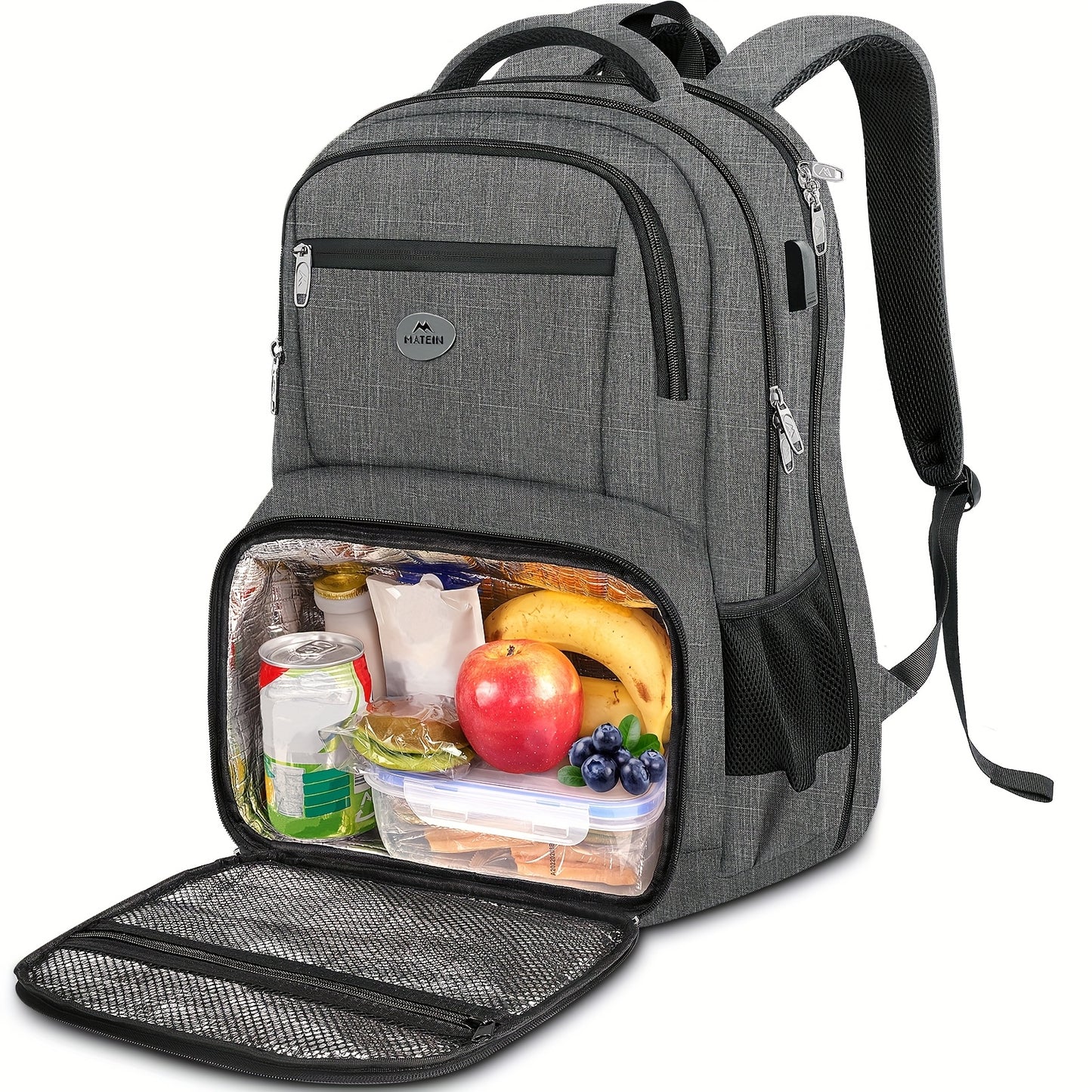 Men's Large 17-Inch Anti-Theft Backpack with TSA-Friendly Laptop Compartment & Cooler - Flight Approved Carry-On, Port, Heavy-Duty High Quality Laptop Bag for Work, College, Travel, Hiking (Grey) - Lunch Box Pocket