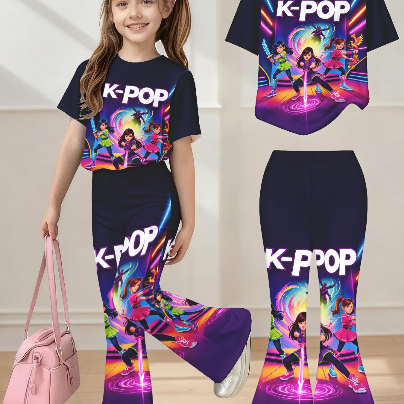 Girls K Idol Group Outfit Set 2 Pieces T Shirt and Flared Pants Breathable Casual Wear for K Drama Themed Outfits