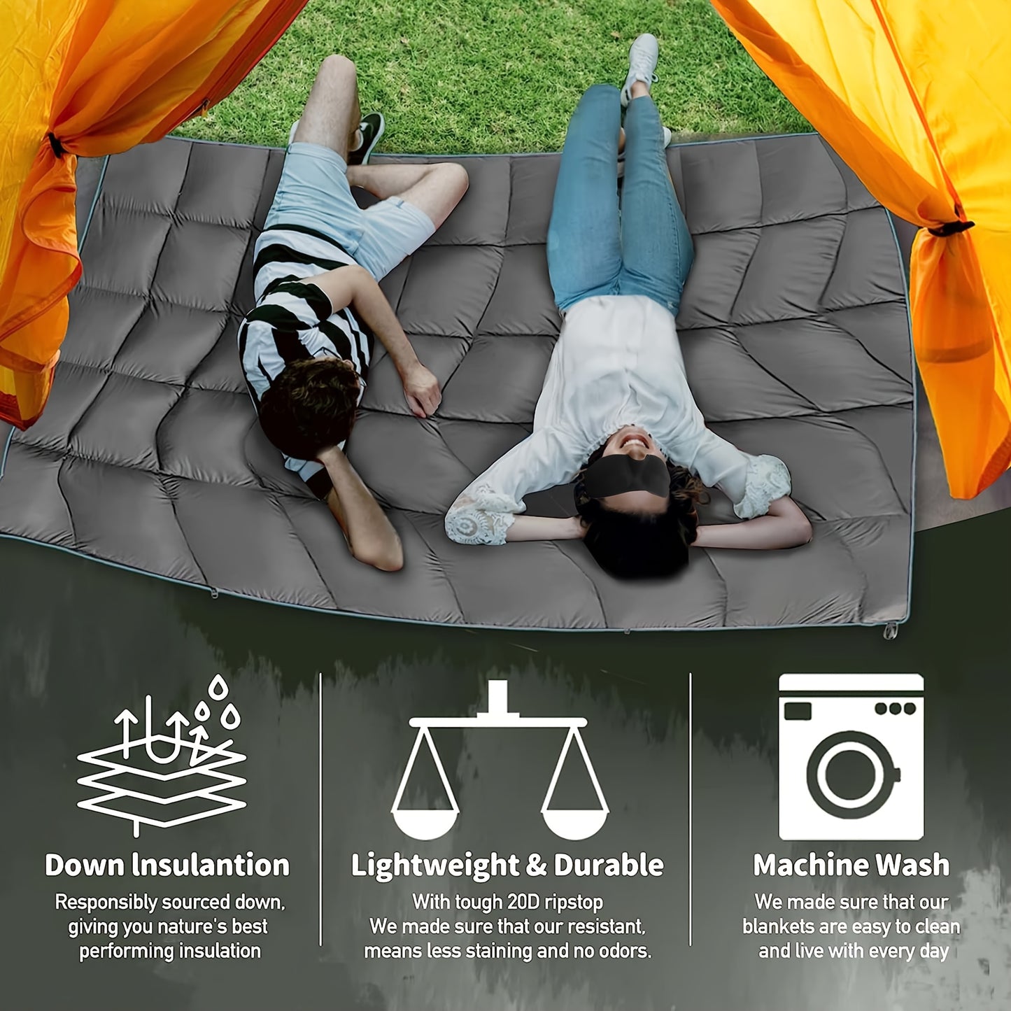 Ultra-Lightweight High Quality & Windproof Puffy Camping Blanket - All-Season Down Alternative Insulation, Portable Compact Travel Blanket with Carry Case, Fill for Camping, Hiking, Beach, Picnic, Indoor/Outdoor Use - Machine