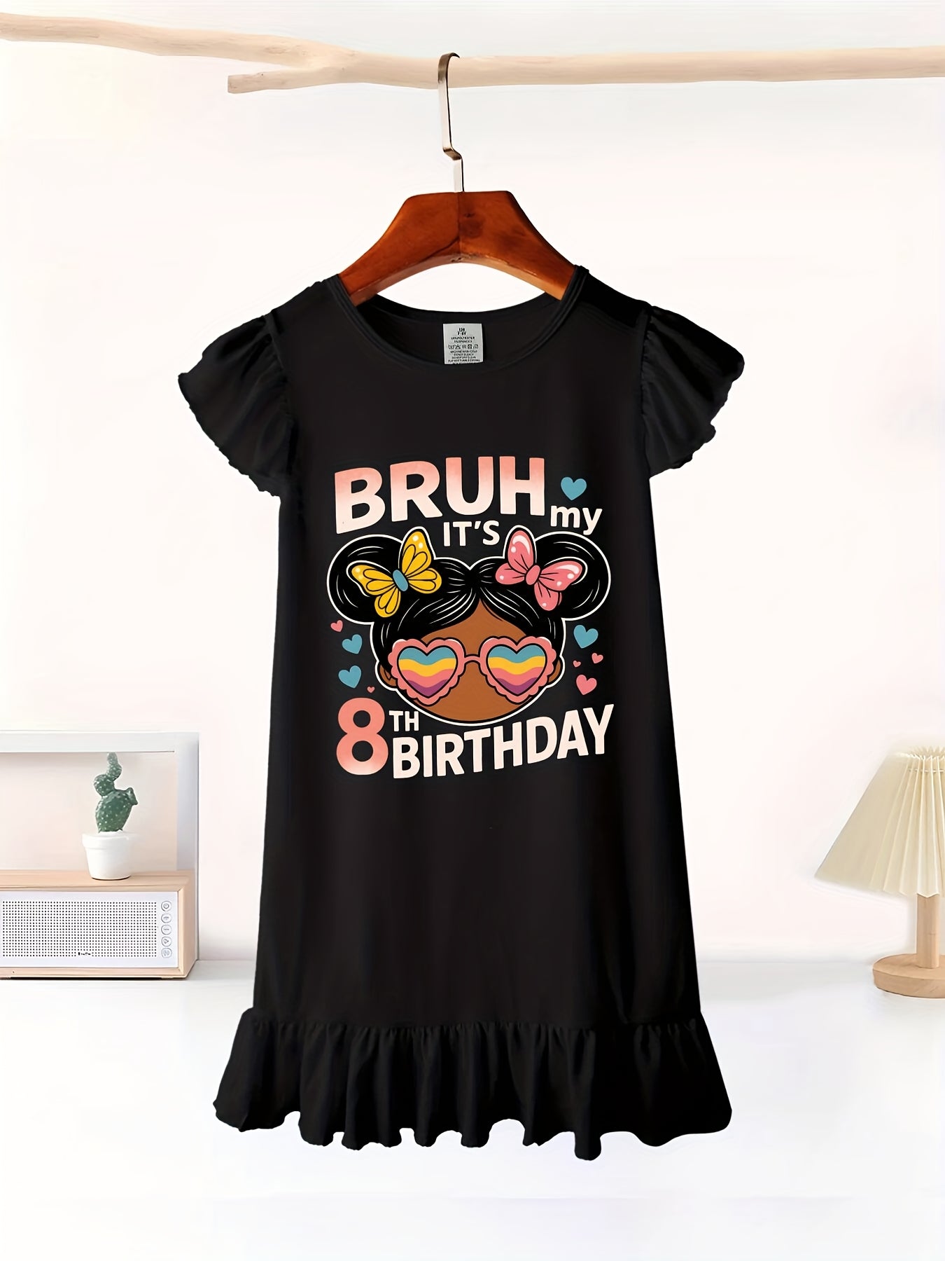 Bruh Its My 8th Birthday Messy Bun 8 Years Old Girls Dress with Flutter Sleeves - Sleeveless Dress for Girl Kid