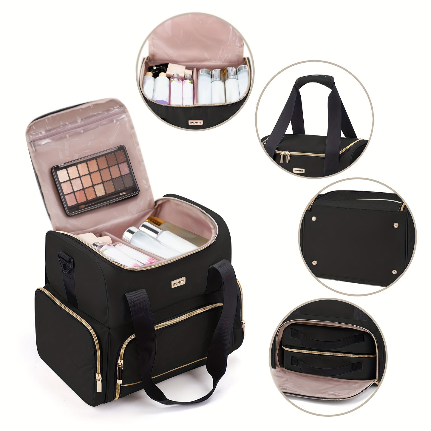 Large High Quality Travel Makeup Organizer Bag for Women - 2 Removable Cosmetic Cases, Double Layer Toiletry Bag with Multiple Compartments, Durable Polyester, Black with Golden Accents, Sleek Stylish Design | Easyaccess Hand