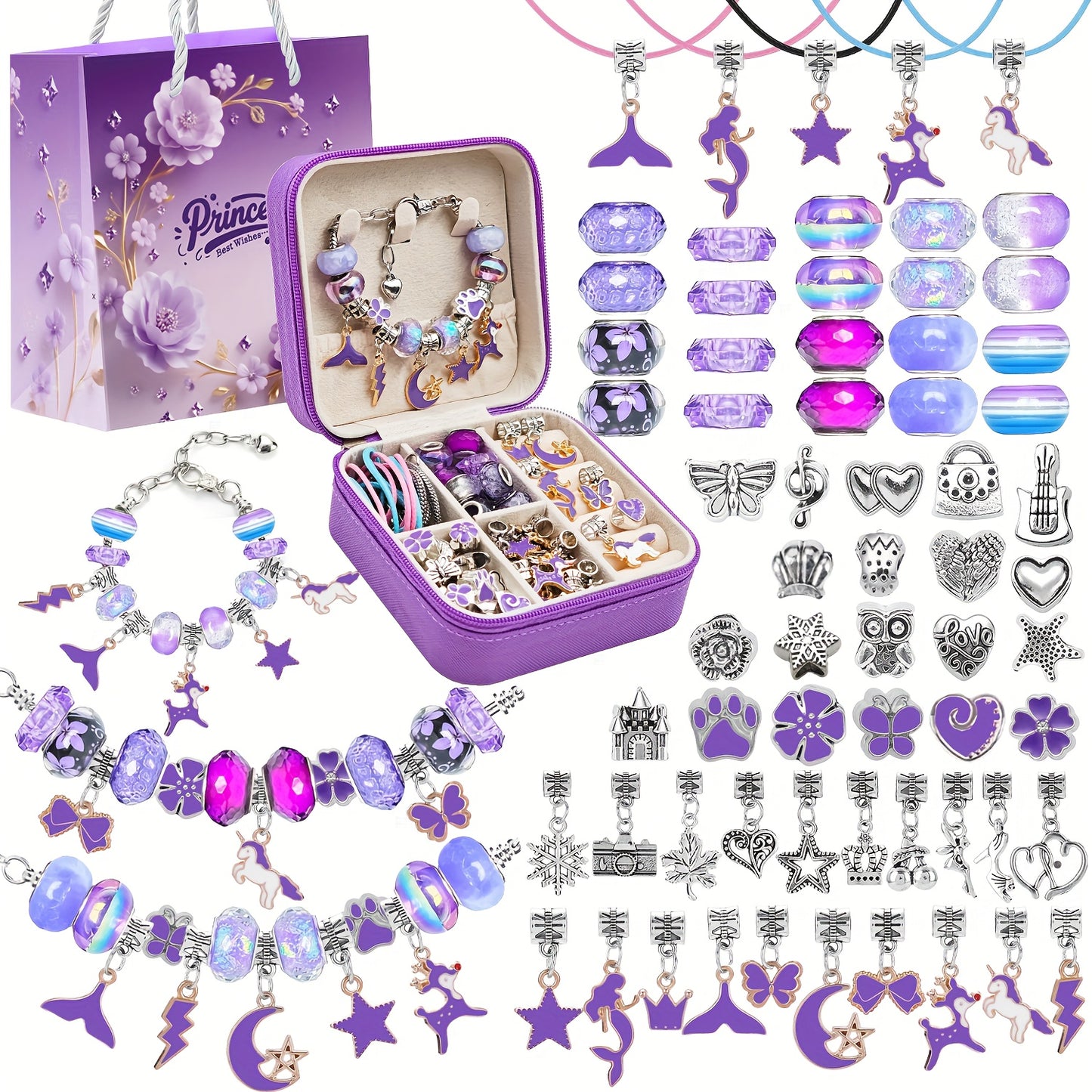 68 Piece Violet Beaded Bracelet Making Kit With Purple Jewelry Box And Gift Bag For Jewelry Crafts Keychains, Earrings
