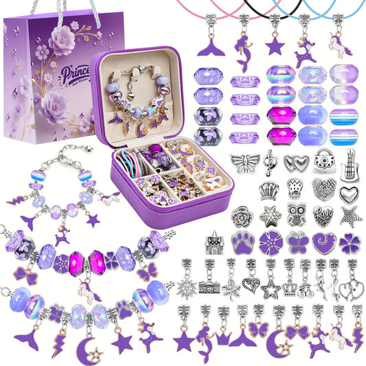 68 Piece Violet Beaded Bracelet Making Kit With Purple Jewelry Box And Gift Bag For Jewelry Crafts Keychains, Earrings