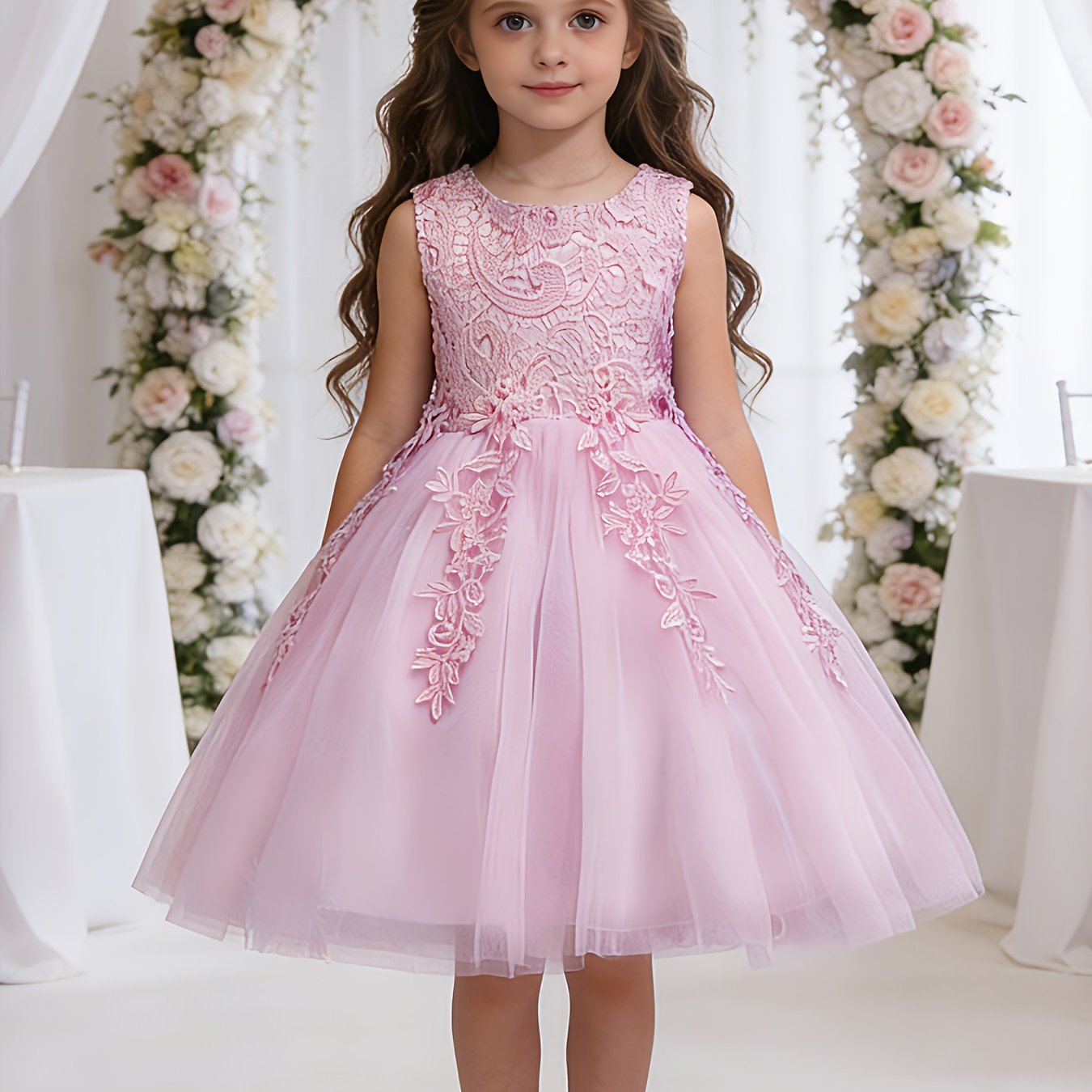 Girls Lace Embroidered Dress With Bow Waist And Mesh Skirt