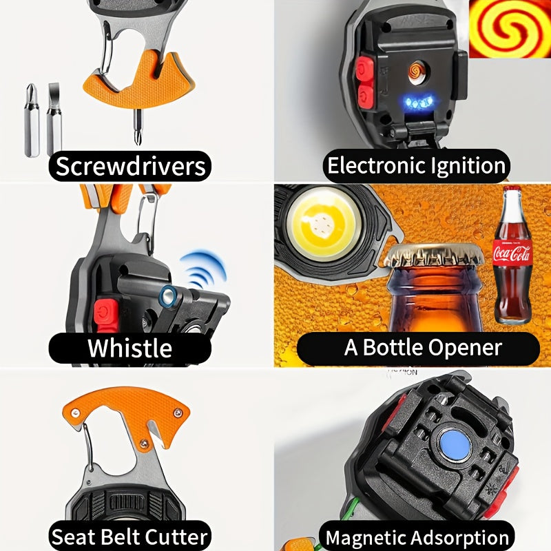 Keychain Flashlight Multitool with Lighter Rechargeable COB LED USB C Charging 500 Lumen 500m Range Tactical EDC Camping