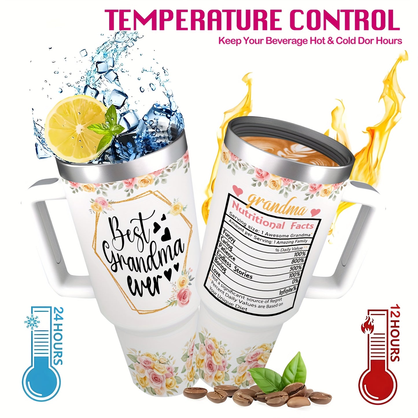 1pc 40 OZ Insulated Stainless Steel Tumbler - Keeps Drinks Cold For 24 H- Hot For 12 H -Durable, Portable & Stylish | Perfect For Home, Office -Everyday Use - Thoughtful Gift For Mama, Grandma, Aunt, Sister, Girlfriend - Wife