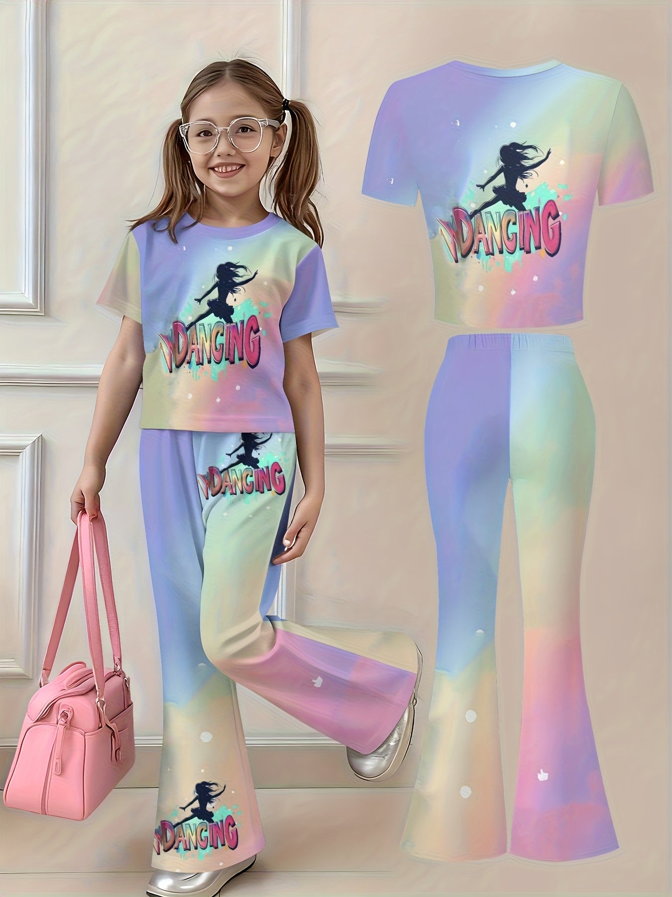 Girls Two Piece Short Sleeve Top and Flared Pants Set