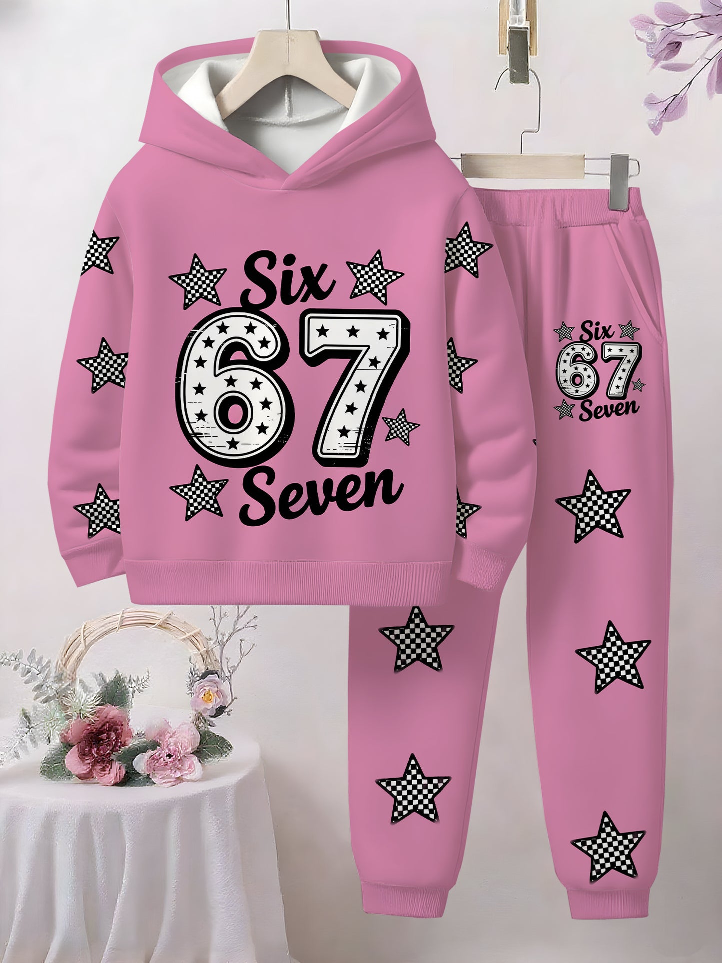 Pink Star and "67" Digital Hoodie Set | Fully Printed Star Mang Patterns, High-Quality Skin-Friendly Fabric, Warm Hood, Playful and Fashionable Design, Perfect for Spring/Fall, for Outdoor