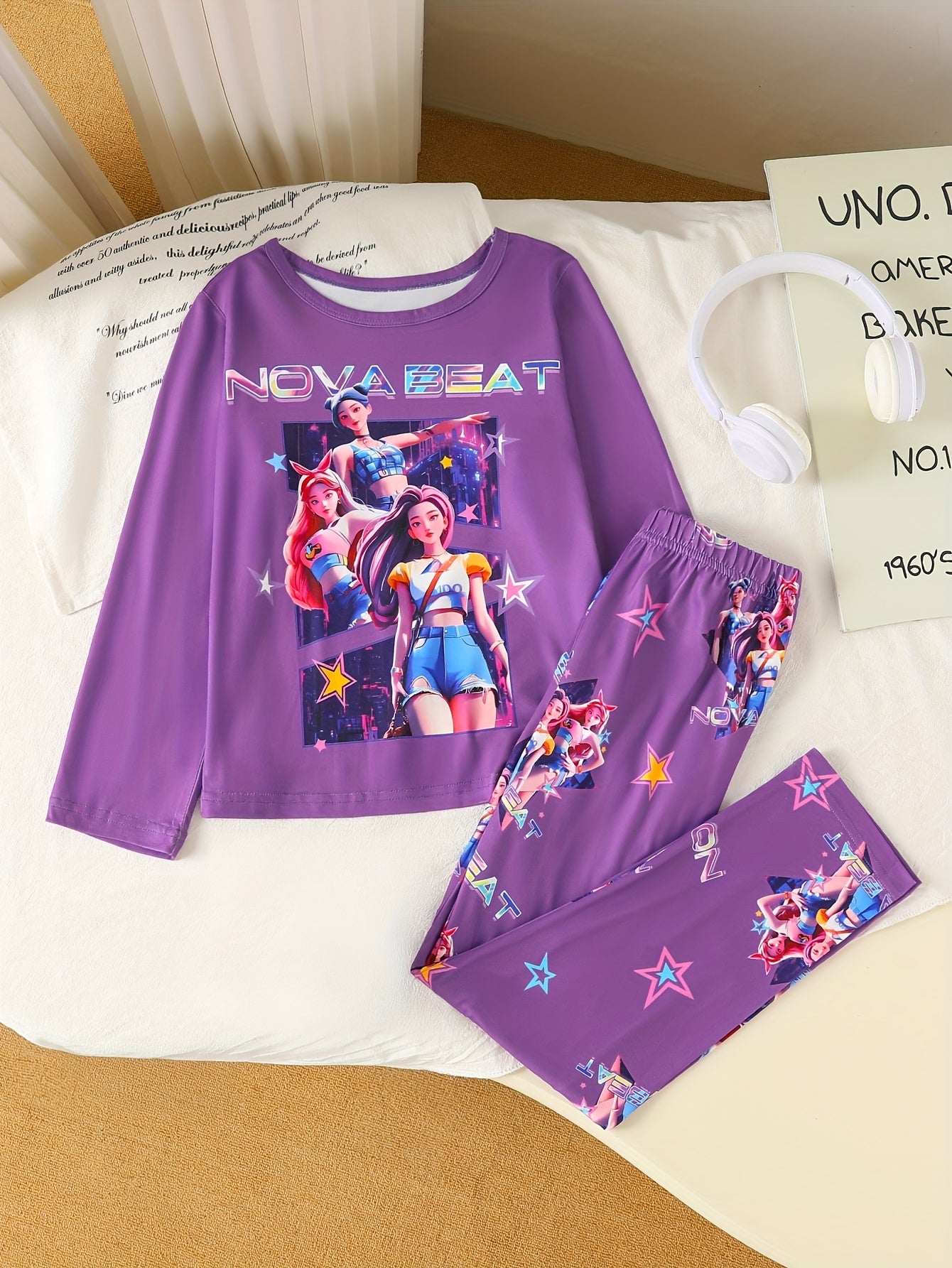 [Kpop Girls' Pajama Set] Kpop Girls' Pajama Set | Medium Stretch, Portrait Pattern, Crew Neck, Ages 8-12, All Seasons