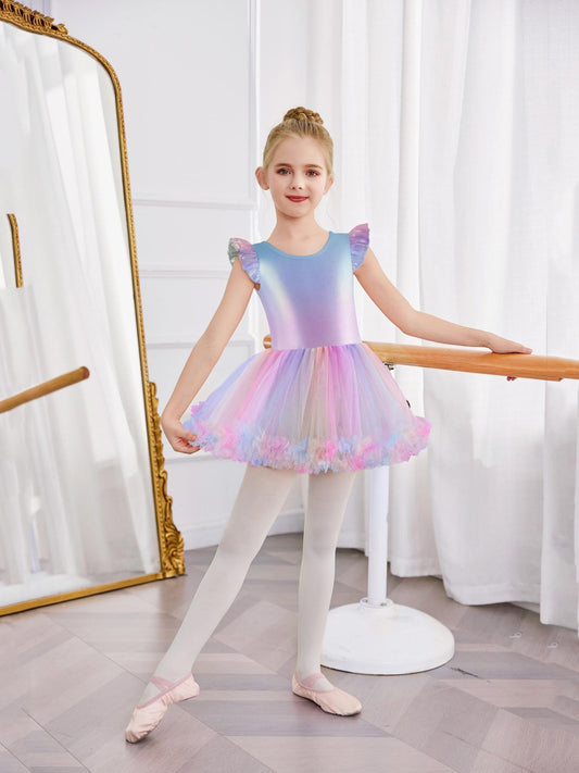 Girls' Ballet Tutu Dance Dress with Cross-Back Design & Ruffled Sleeves - White A-Line Leotard for Ballet, Gymnastics, Recitals - All-Season Comfort, Round Neck, Solid Color, Ballet Dress, Gymnastics Attire, Elegant Dancewear