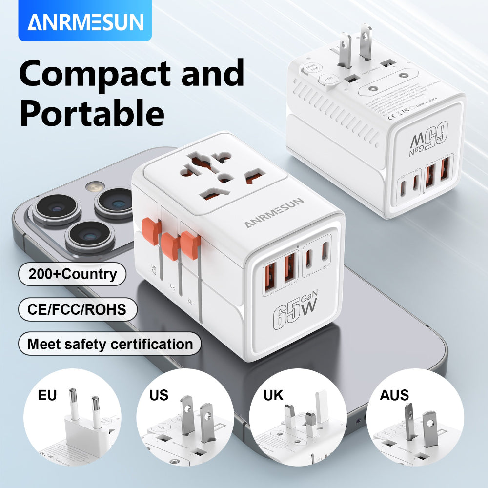 ANRMESUN 65W Travel Adapter with 4-Port USB Charger (2 USB-C) & Global Voltage 100-240V - Heavy Duty Power Adapter with US/EU/UK/AU Plugs, Compact Cube Design, Overload & Short Circuit Protection, Compatible with Europe, UK,