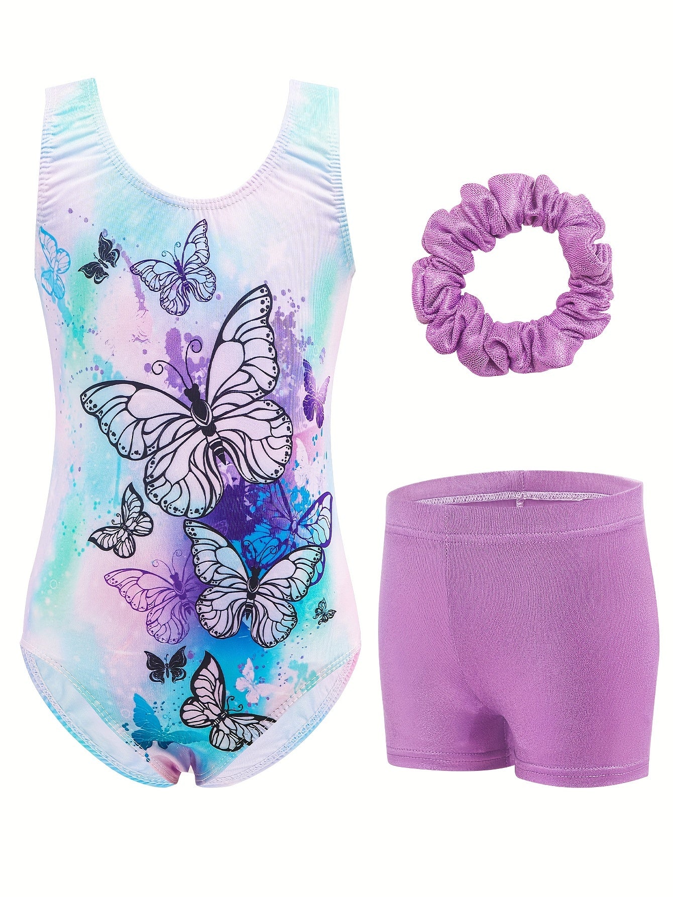 Girls' Gymnastics Bodysuit Set, Shiny Ballet Dance Outfit with Three Pieces Including Sparkling Shorts And a Headpiece.
