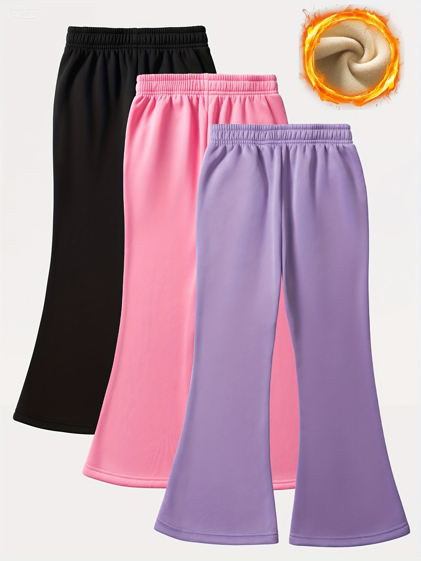 Three Piece Set Girls Flared Pants With Heart Design And Fleece Lining