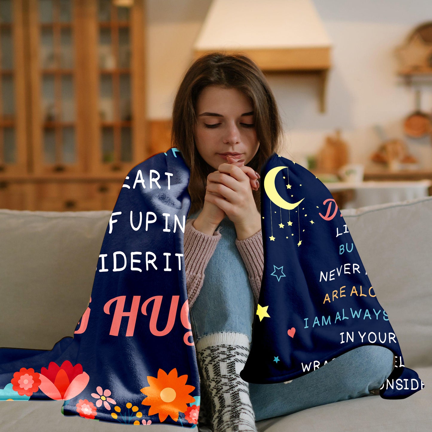 To My Daughter Blanket Moon Stars Floral Accents Soft Cozy Throw For Bed Dorm Gift For Teens Girls Graduation 280GSM