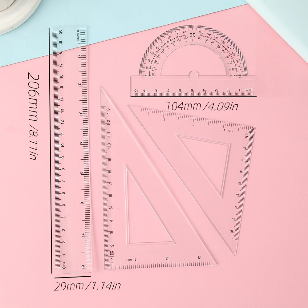4pcs set of transparent plastic rulers, a geometric figure set, with inch and metric measurements, suitable for teaching and office use.