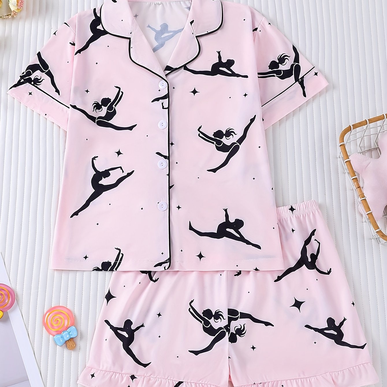 Girls' 2pcs sleeping suit with flame retardant short sleeves, new pink base, cartoon printed dance for little girls, comfortable casual medium and large's wear for parties., Sleepwear For Girls, Dance Party Wear, Short Sleeve