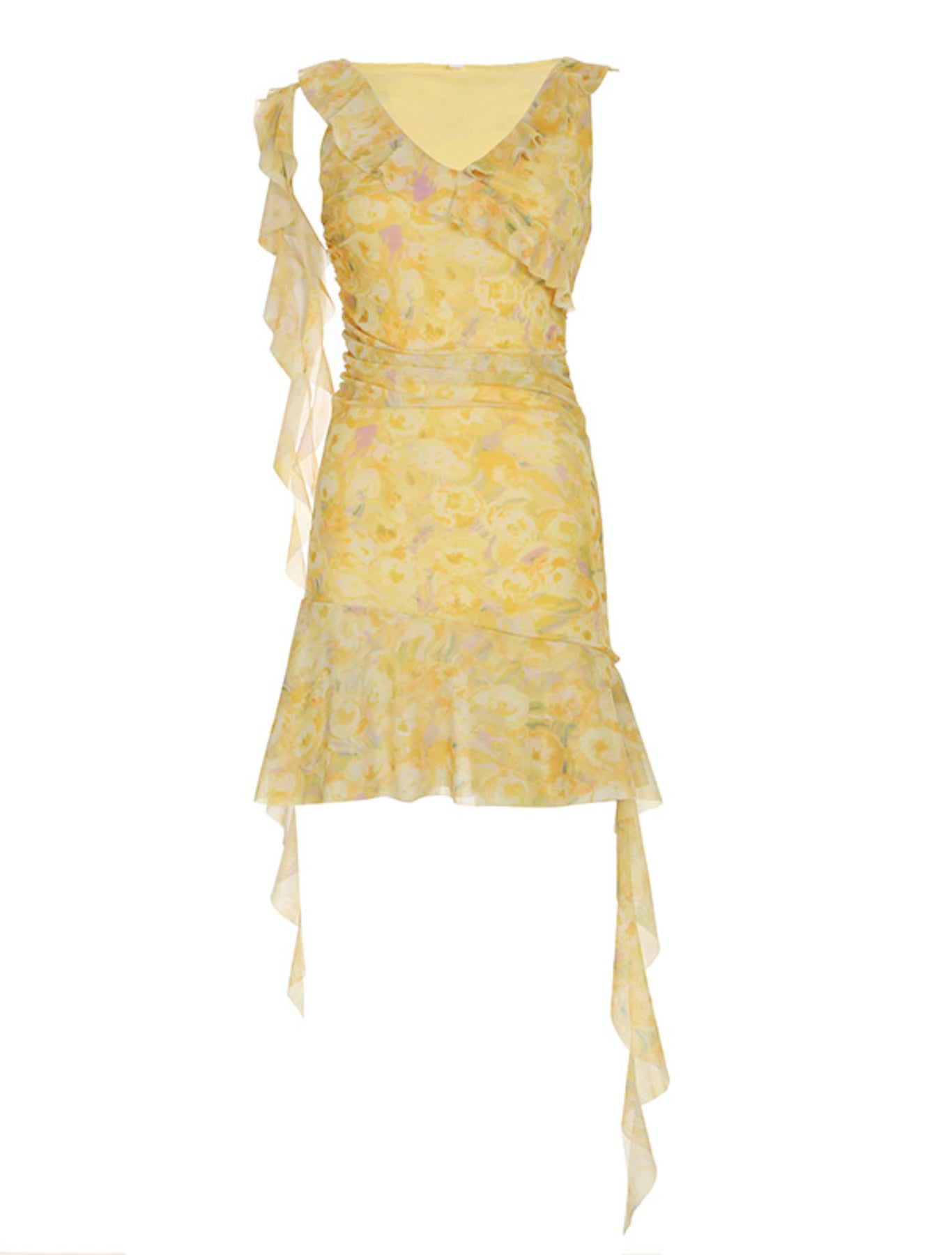 Scacto Women'S Elegant French Chic Camisole Midi Dress | Soft Fabric Classic Fit with Irregular V-Neck and Floral Print, Trendy High Waist Mesh Patchwork Design, Perfect for Spring Summer Weekend Errands and Casual Friday, Li