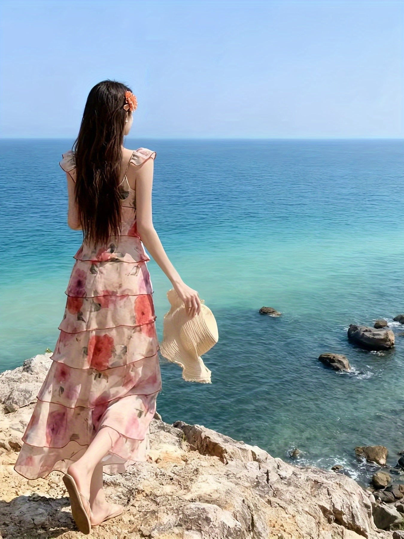 Women'S French Romantic Watercolor Floral Print Spaghetti Strap Maxi Dress - Off-Shoulder/One-Shoulder Boho Beach Dress with Slim-Fit Silhouette, Lightweight Breathable Fabric for Coastal Vacation, Summer Weddings & Evening E