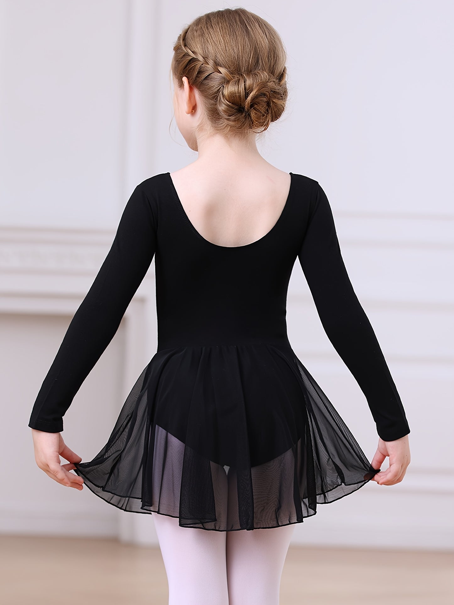 Christmas Gift Girls' Dance Dress - Long Sleeve Basic One-Piece Mesh Dress With High-Low Hem, Kids' Ballet Leotard Training Wear For Dance, Sports, Outdoor