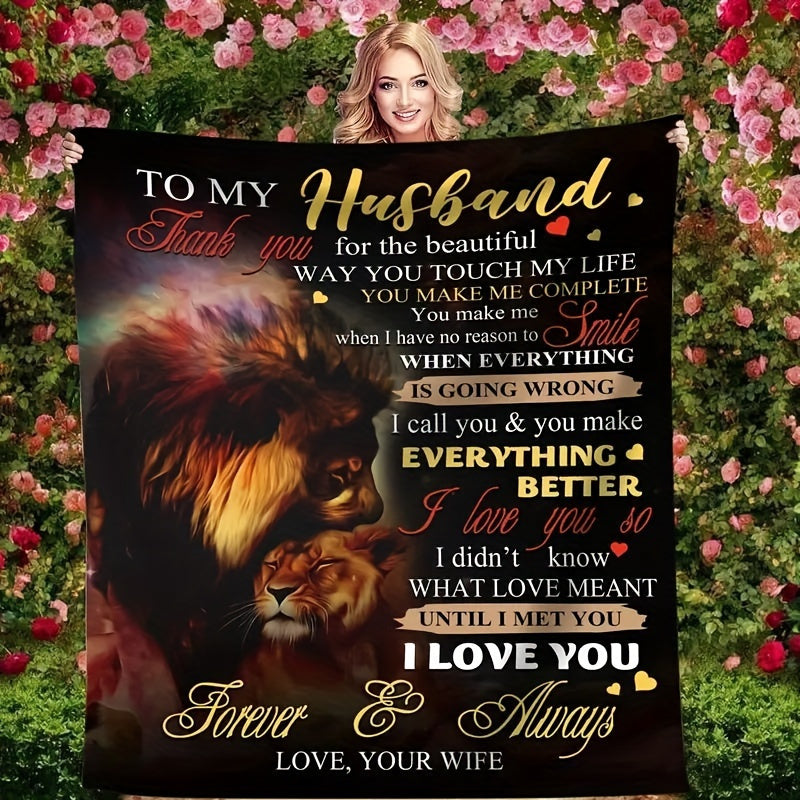 1pc to My Husband Blanket from Wife - Lion & Wife Love Message Print, 30-Thread Count Soft Flannel Anniversary Gift for Wedding,, Husband's Bed, Couch, Sofa - Romantic Marriage Keepsake Throw