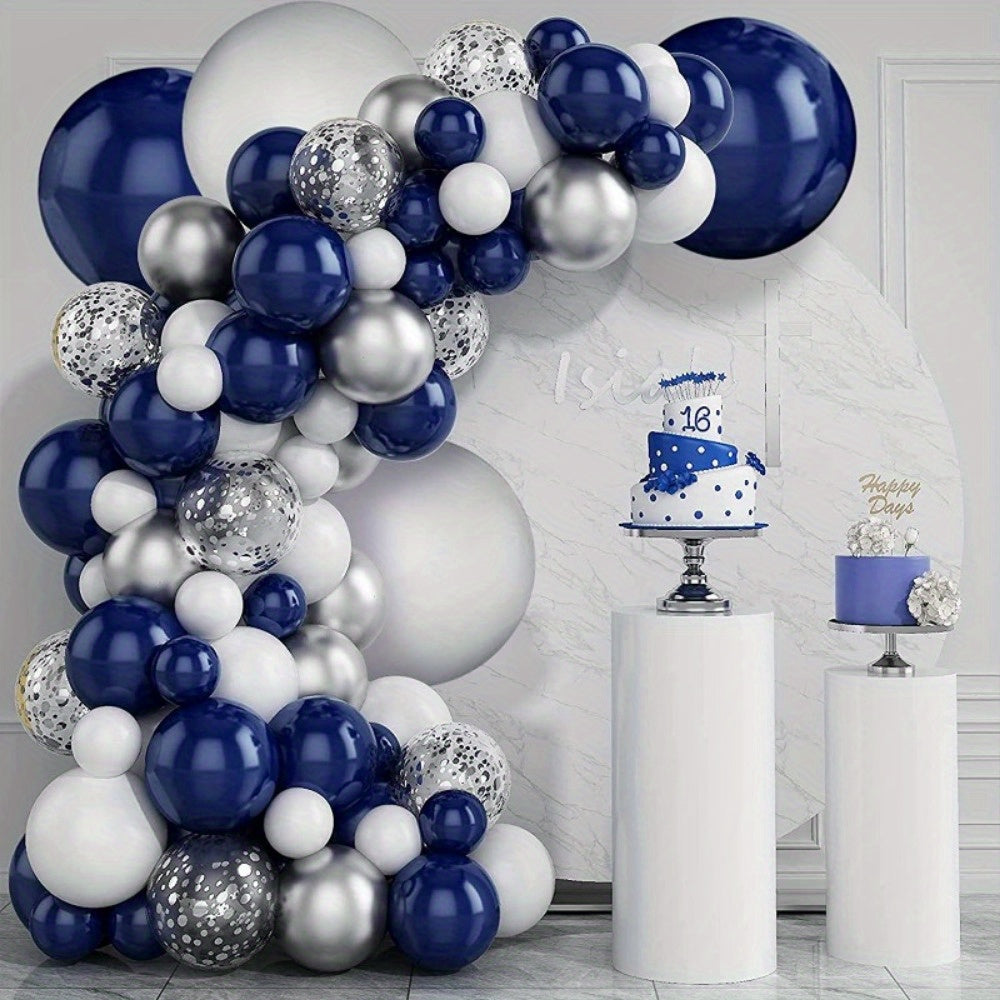 131 Pieces Vibrant Ink Blue Silvery White Balloon Arch Set Birthday Party Decor Easy Assembly Reusable Garland Kit