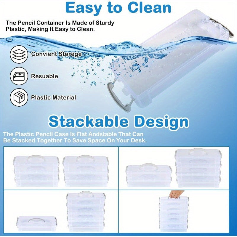 Pack of 6 Pencil Box Stackable Transparent Pens Storage with Snap Lock and Handle Pen Organiser Pencil Box Organiser for Small Parts Watercolour Pencils Brushes Colouring Pens