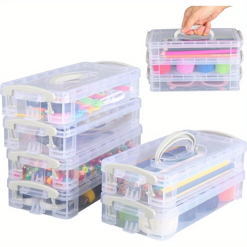 Pack of 6 Pencil Box Stackable Transparent Pens Storage with Snap Lock and Handle Pen Organiser Pencil Box Organiser for Small Parts Watercolour Pencils Brushes Colouring Pens