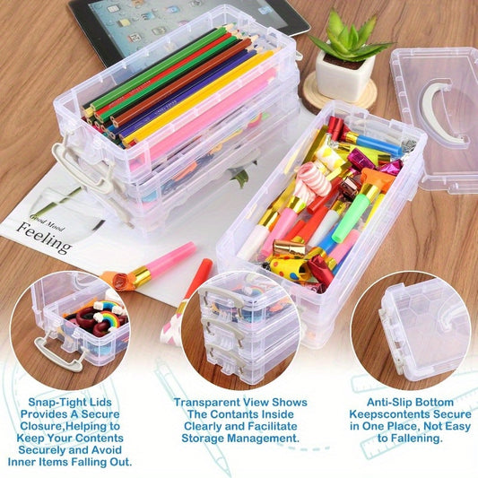 Pack of 6 Pencil Box Stackable Transparent Pens Storage with Snap Lock and Handle Pen Organiser Pencil Box Organiser for Small Parts Watercolour Pencils Brushes Colouring Pens