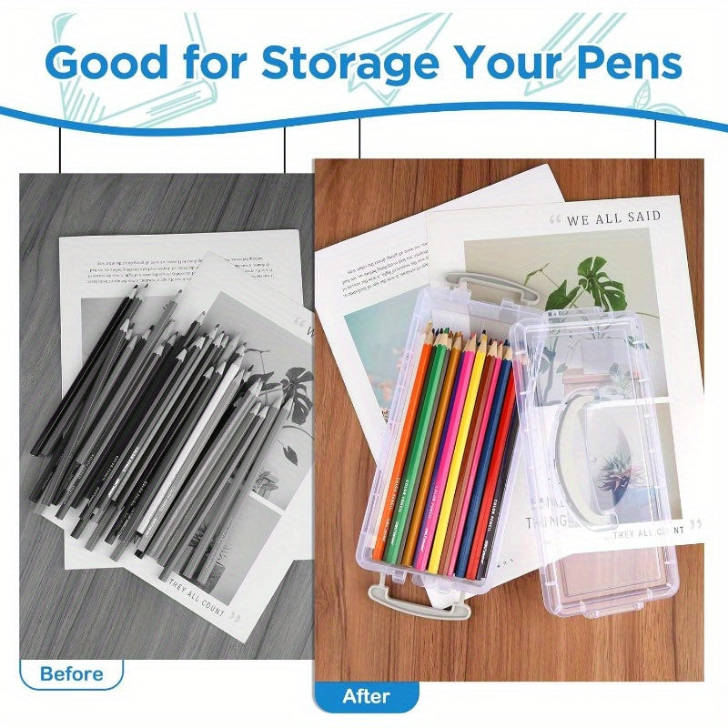 Pack of 6 Pencil Box Stackable Transparent Pens Storage with Snap Lock and Handle Pen Organiser Pencil Box Organiser for Small Parts Watercolour Pencils Brushes Colouring Pens