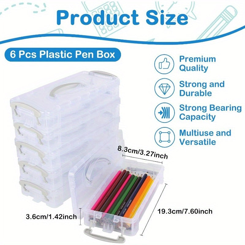 Pack of 6 Pencil Box Stackable Transparent Pens Storage with Snap Lock and Handle Pen Organiser Pencil Box Organiser for Small Parts Watercolour Pencils Brushes Colouring Pens