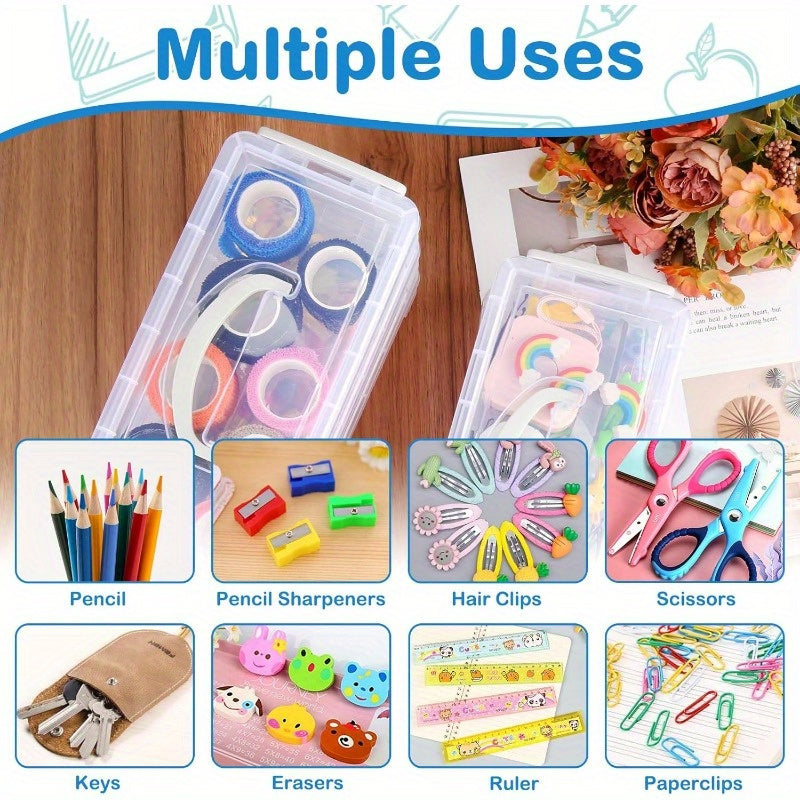 Pack of 6 Pencil Box Stackable Transparent Pens Storage with Snap Lock and Handle Pen Organiser Pencil Box Organiser for Small Parts Watercolour Pencils Brushes Colouring Pens