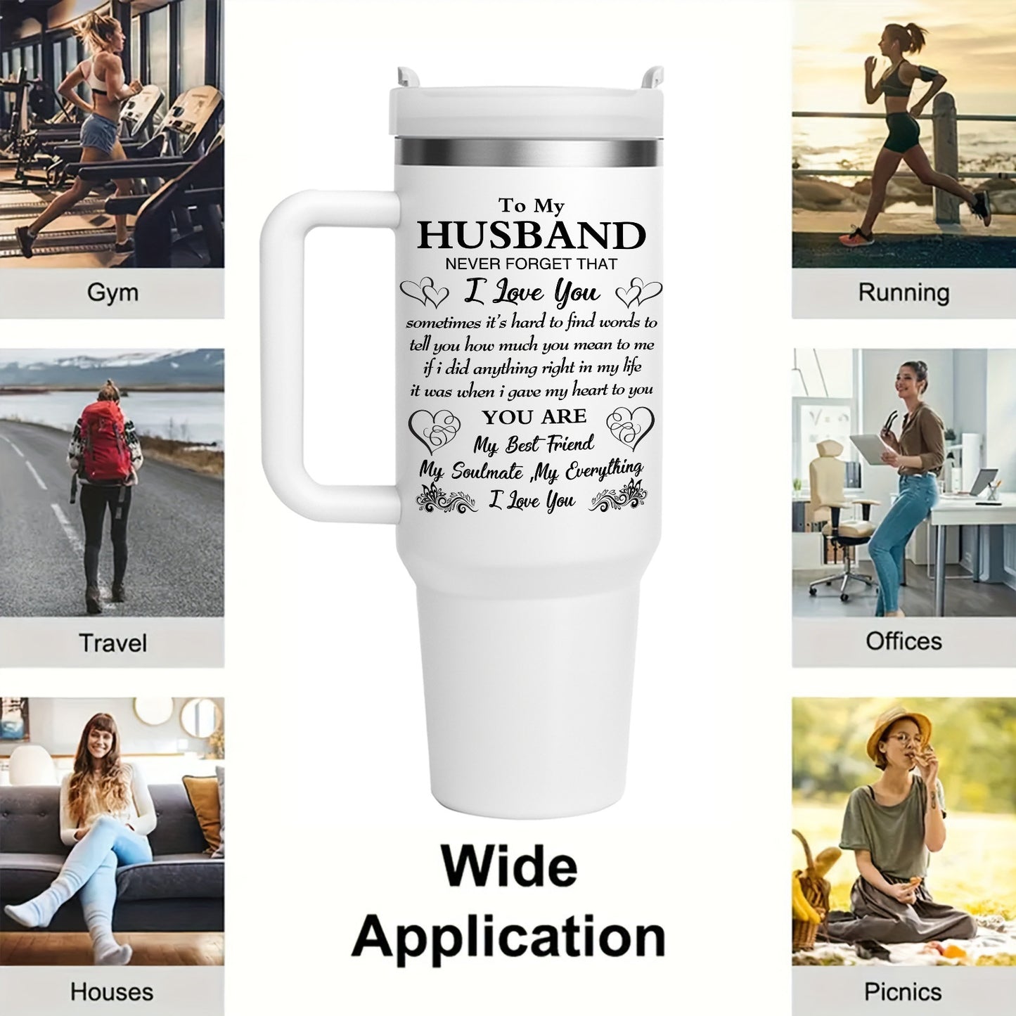 1pc 40oz Stainless Steel Vacuum Insulated Water Bottle with Handle - Double-Wall Thermal Cup, Leakproof Thermos for Hot/Cold Drinks, Wedding/Anniversary/Birthday Gift for Husband with Heartfelt Message - Keeps Beverages Hot/C