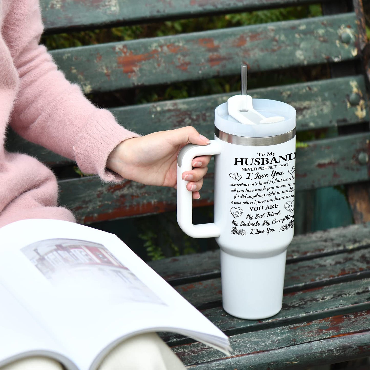 1pc 40oz Stainless Steel Vacuum Insulated Water Bottle with Handle - Double-Wall Thermal Cup, Leakproof Thermos for Hot/Cold Drinks, Wedding/Anniversary/Birthday Gift for Husband with Heartfelt Message - Keeps Beverages Hot/C