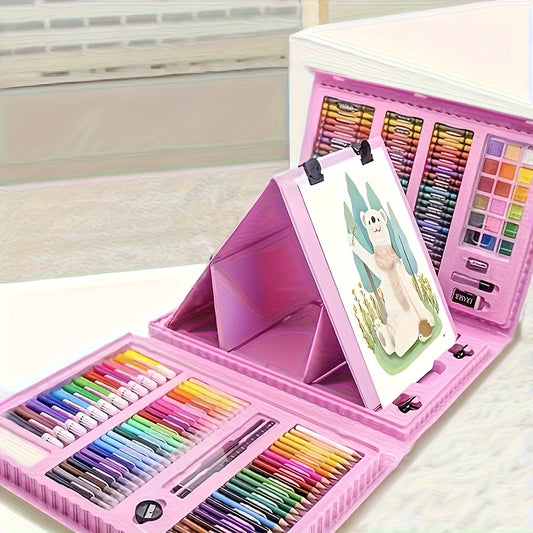 An Extensive Set of 208 Art Supplies, Including a Painting Toolbox with a Double-Sided, Three-Fold Easel, And a Gift Box Containing Oil Pastels, Crayons, Markers, Colored Pencils, And Watercolor Pens.