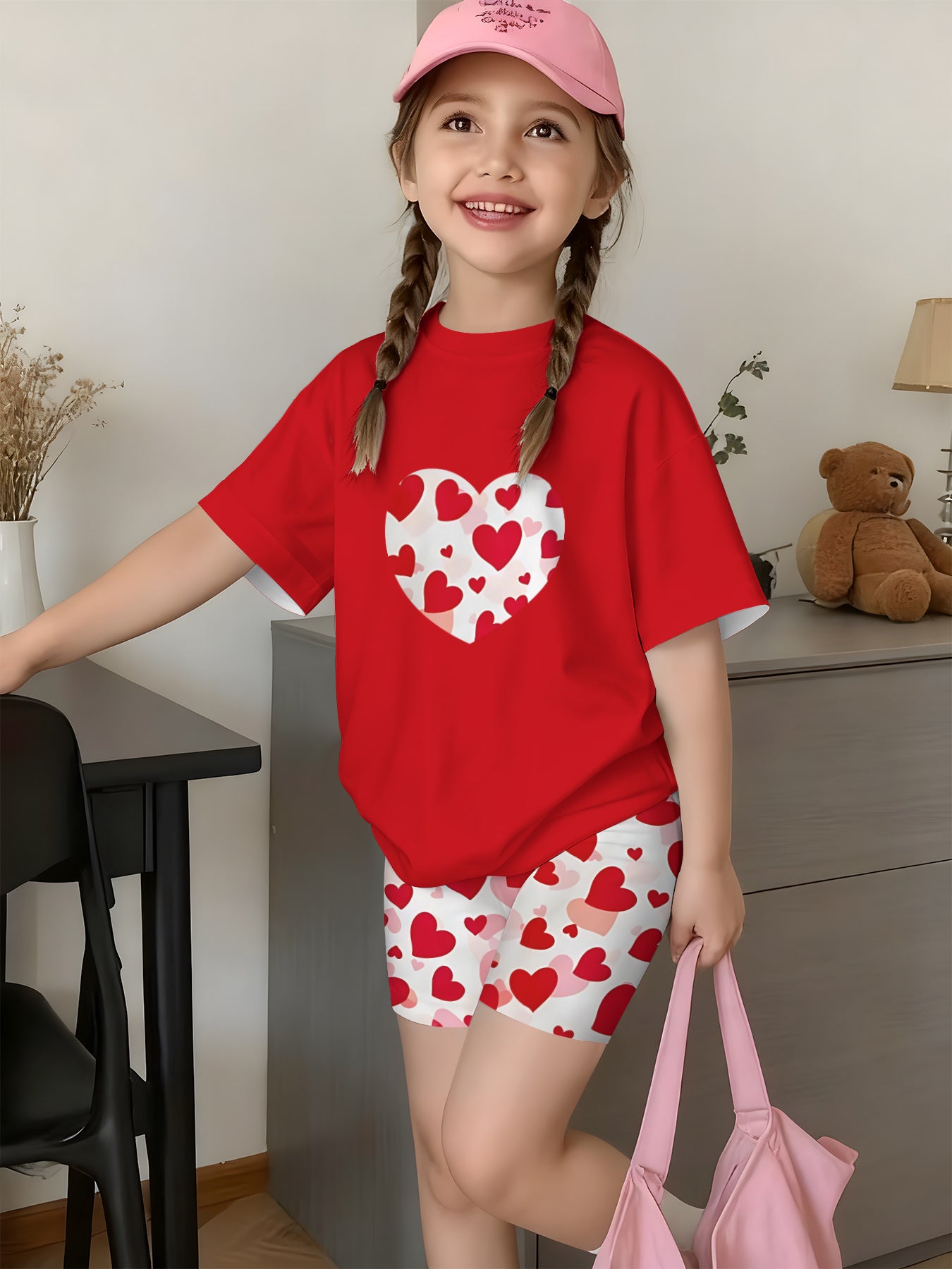Girls Fashion Shorts Set With Heart Print For Outdoor Play