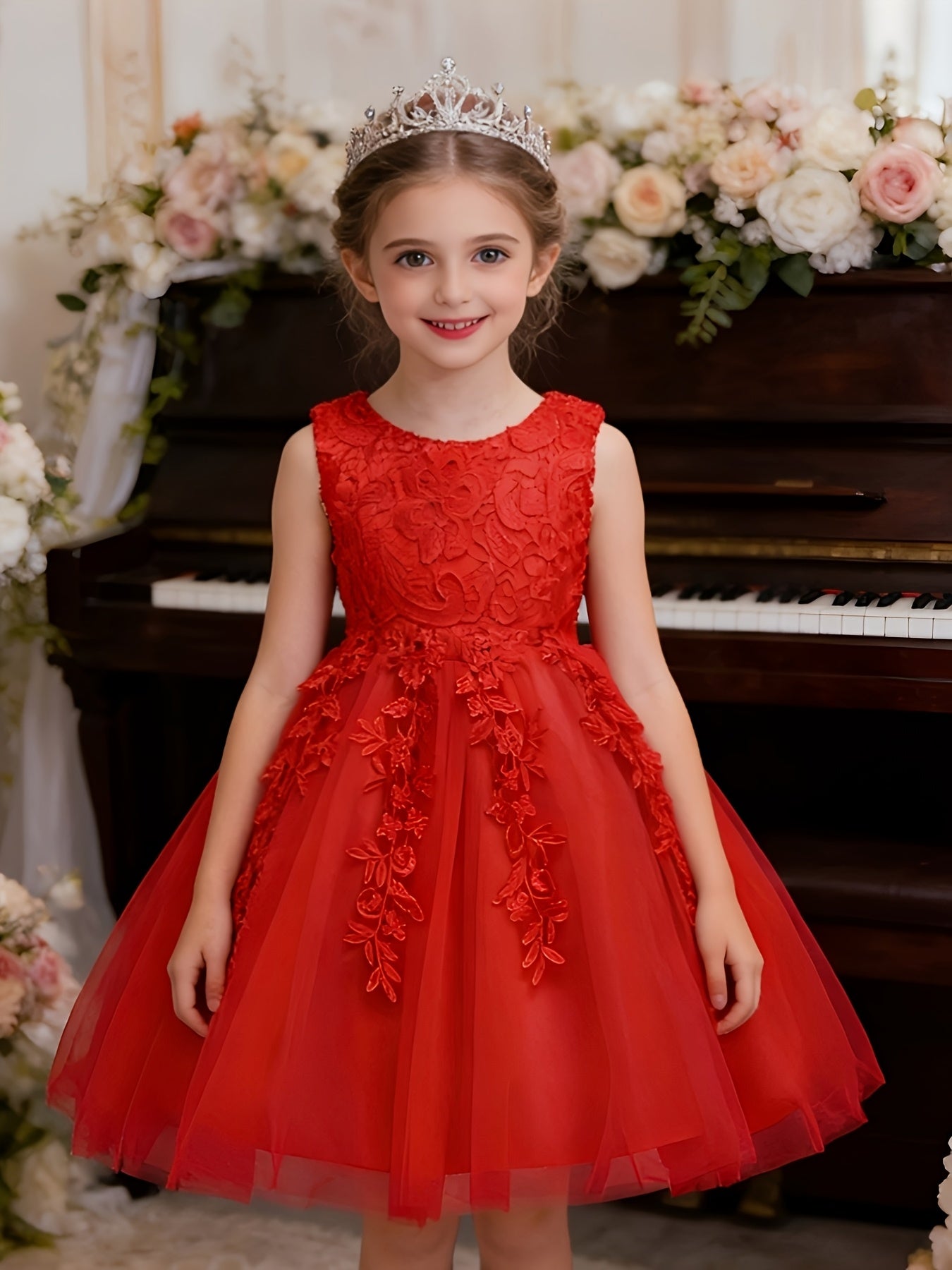 Girls Lace Embroidered Dress With Bow Waist And Mesh Skirt
