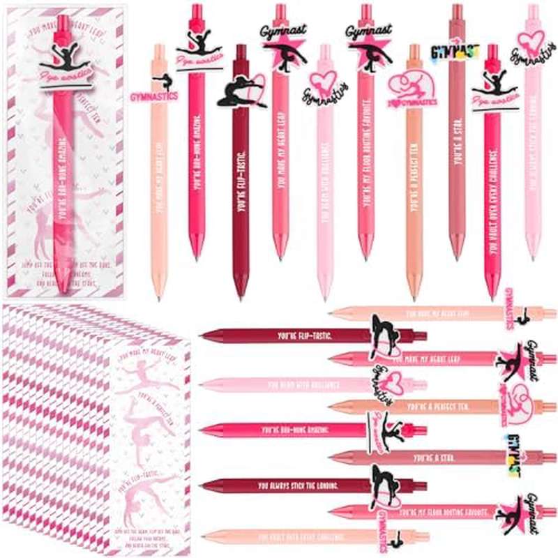 30 Set Gymnastics Party Favors, Bulk Black Ink Retractable Pens Gymnast Inspirational Bookmarks. Gymnastics Team Gifts for Women Christmas Birthday, Goodie Bag Stuffers Pink