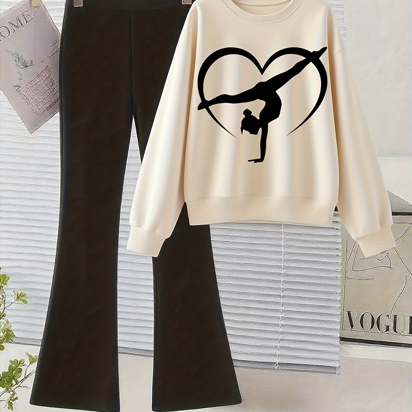 Girls' Gymnastics Dance Outfit Set - Heart Gymnast & Flared Pants with Handstand Pose Decor, Beige/Black/ Pink/Black/White/Gray/, Soft Light Beige-Friendly Fabric for K-POP Dance Practice, Gymnastics Performances, Casual Atti