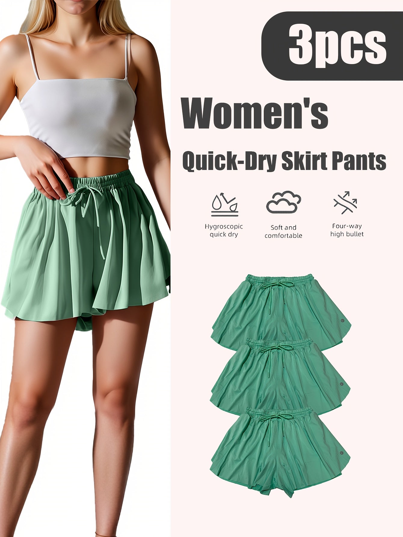 Women's Quick-Dry 3pcs Sports Skirt & Shorts Set with Built-In Safety Shorts - Solid Color Pleated Skater Skirt, Gymnastics Running Jumping Outfit, Spring Summer Fall Athletic Wear, Machine Washable (No Transparency)
