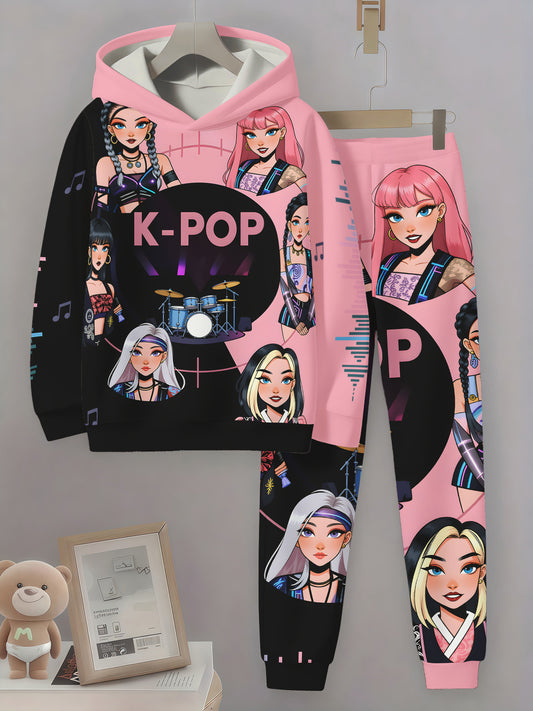 3D Printed Casual Sweatshirt and Sweatpants Set for Girls, Perfect for Outdoors, Perfect for Outdoor