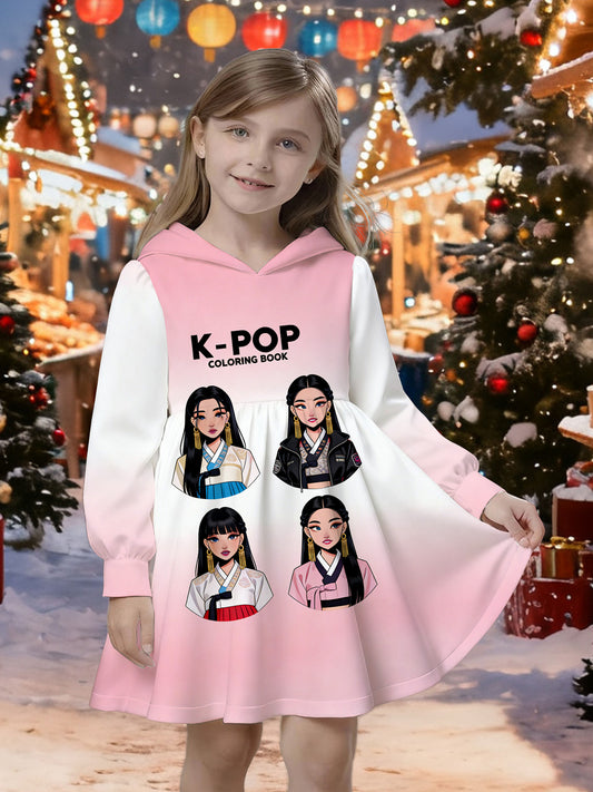 Girls' KPOP Group Merch Dress - Pink-White Gradient Korean Style Dress with Girl Group Print, Soft Comfortable Dress for, Valentine's Day Gift & K- Outfit for Birthdays/Themed Events (Machine Washable)