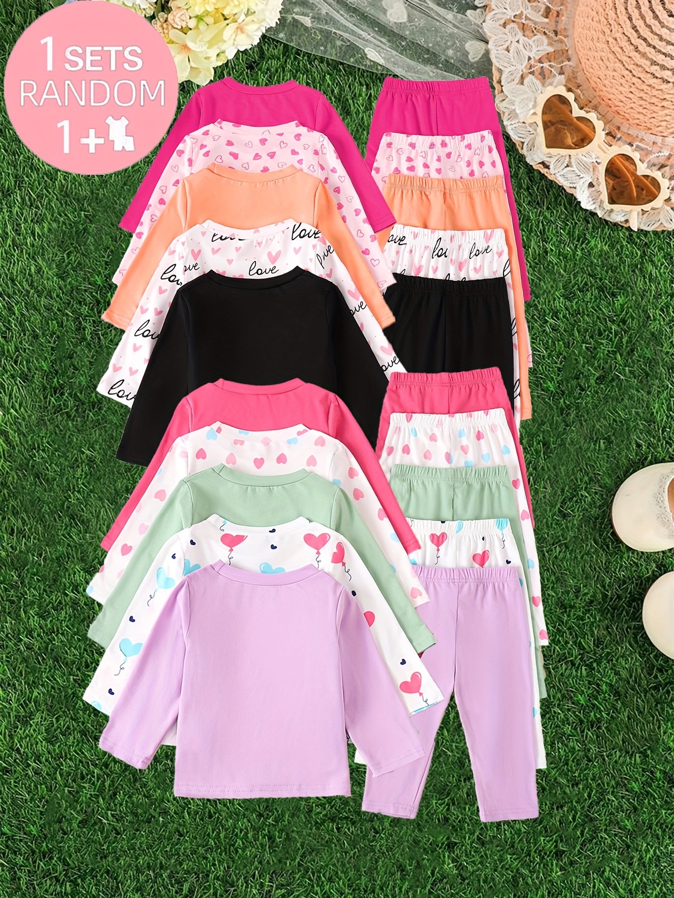 Randomly Send 2pcs of Baby Girl Clothing: a Long-Sleeve T-Shirt with a Heart Print And Randomly Cut Heart Print Pants for an Outdoor Set, for Outdoor