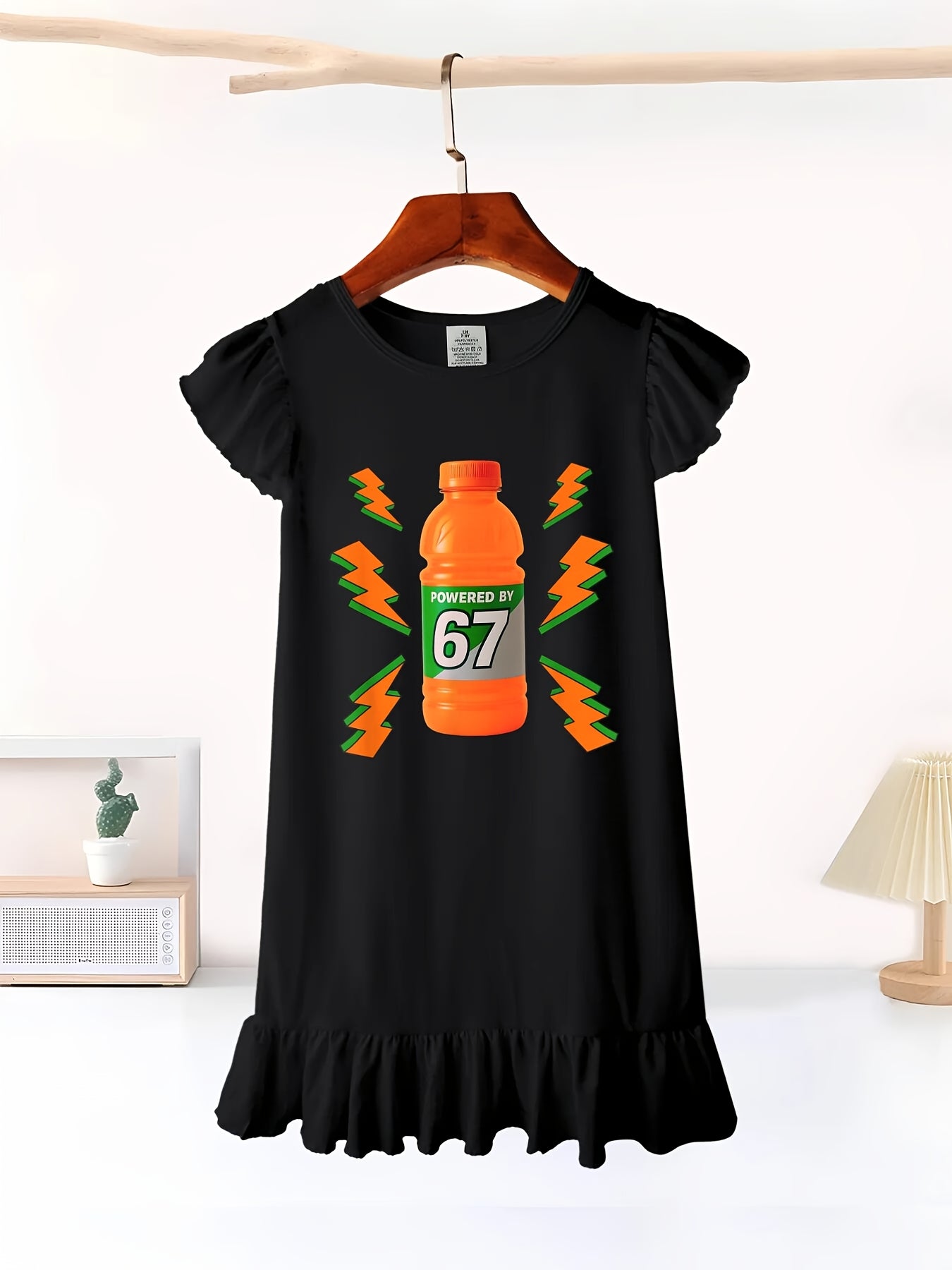 Girls Midi Cotton Dress With Flutter Sleeves Number Theme Applique Gen Alpha Logo Round Neck Machine Washable