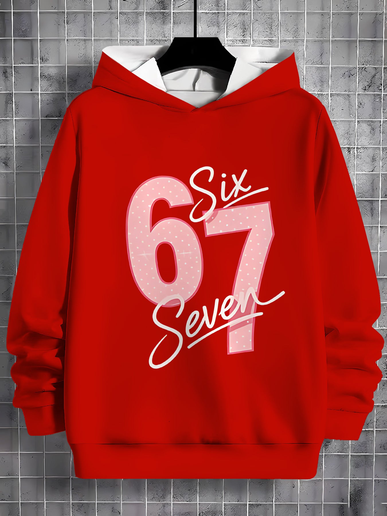Red Base Polka Dot Number 67 Art Font Print Skin-Friendly Kids Fashion Hoodie | Casual Streetwear, All Season Suitable, Perfect Birthday Gift for Girls
