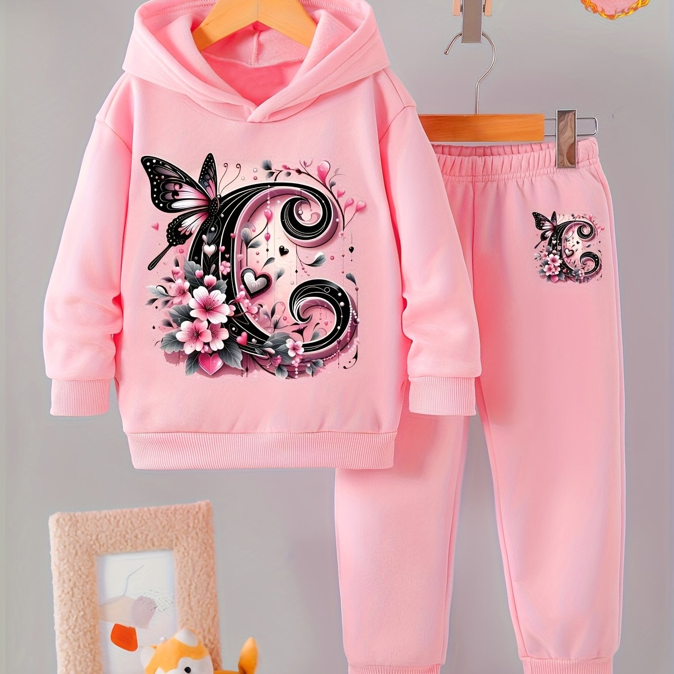 Toddler Girl Love Bear Print Hoodie Set, Autumn/ Winter, for Outdoor