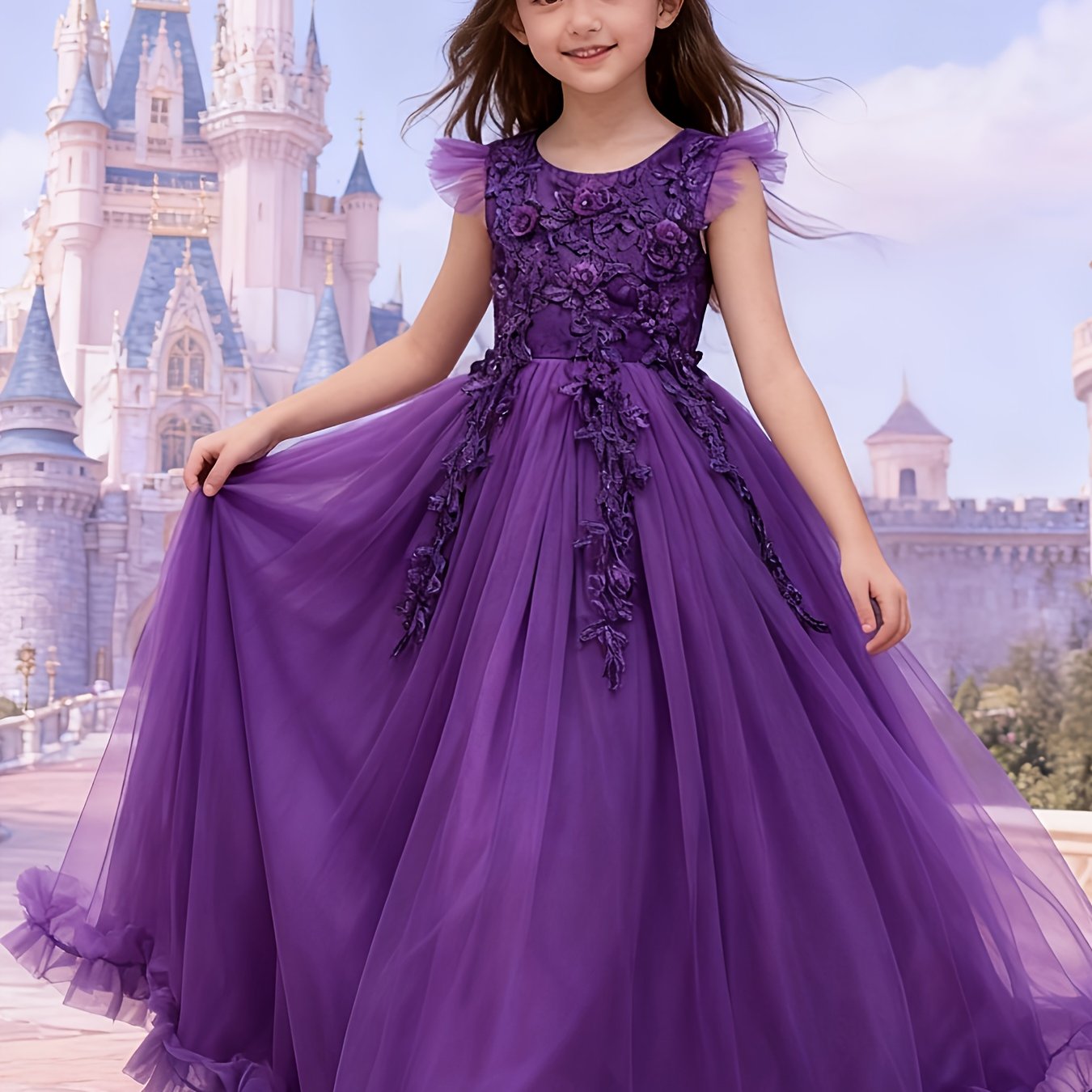 2025 New Arrival Girls Princess Style Tulle Gown With 3D Floral Bodice And Large Ballgown Skirt For Weddings And Parties